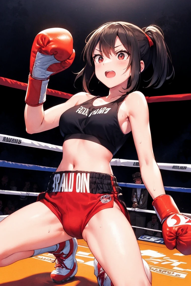 A boxer stands triumphantly in the center of the boxing ring, surrounded by the cheering crowd. The boxer has a muscular and toned physique, exuding strength and determination. Their intense gaze is fixed on their opponent, reflecting their unwavering focus and mental preparation. The boxer's fists are tightly clenched, wrapped in red boxing gloves, ready to deliver powerful punches. The sweat on their forehead glistens under the bright spotlight, portraying their physical exertion and dedication. The boxer's mouth is open, showcasing their exhilaration and the adrenaline rush of victory. Their winning pose captures the raw emotion of accomplishment and the satisfaction of overcoming challenges. The boxing ring is illuminated with vibrant studio lighting, enhancing the intensity of the scene. The colors are vivid and the contrast is high, creating a visually striking composition. The composition of the image is balanced and dynamic, with the boxer positioned in the foreground, dominating the frame. The background showcases the energetic atmosphere of the boxing match, with spectators on their feet, applauding and celebrating the victorious moment. The overall image is of the highest quality, with ultra-detailed rendering and realistic textures. Every detail, from the boxer's sculpted muscles to the perspiration on their skin, is captured with precision and accuracy. The artistic style of the image combines elements of sports photography and concept art, creating a visually captivating and emotionally charged representation of the boxing match. The color tone of the image is vibrant and energetic, with a mix of warm and cool tones to enhance the mood and atmosphere. The lighting in the image is dramatic, with spotlights highlighting the boxer and casting dynamic shadows, adding depth and dimension to the scene. The winning pose of the boxer exudes confidence, strength, and the triumph of victory, making it an iconic and memorable moment captured in the artwork.