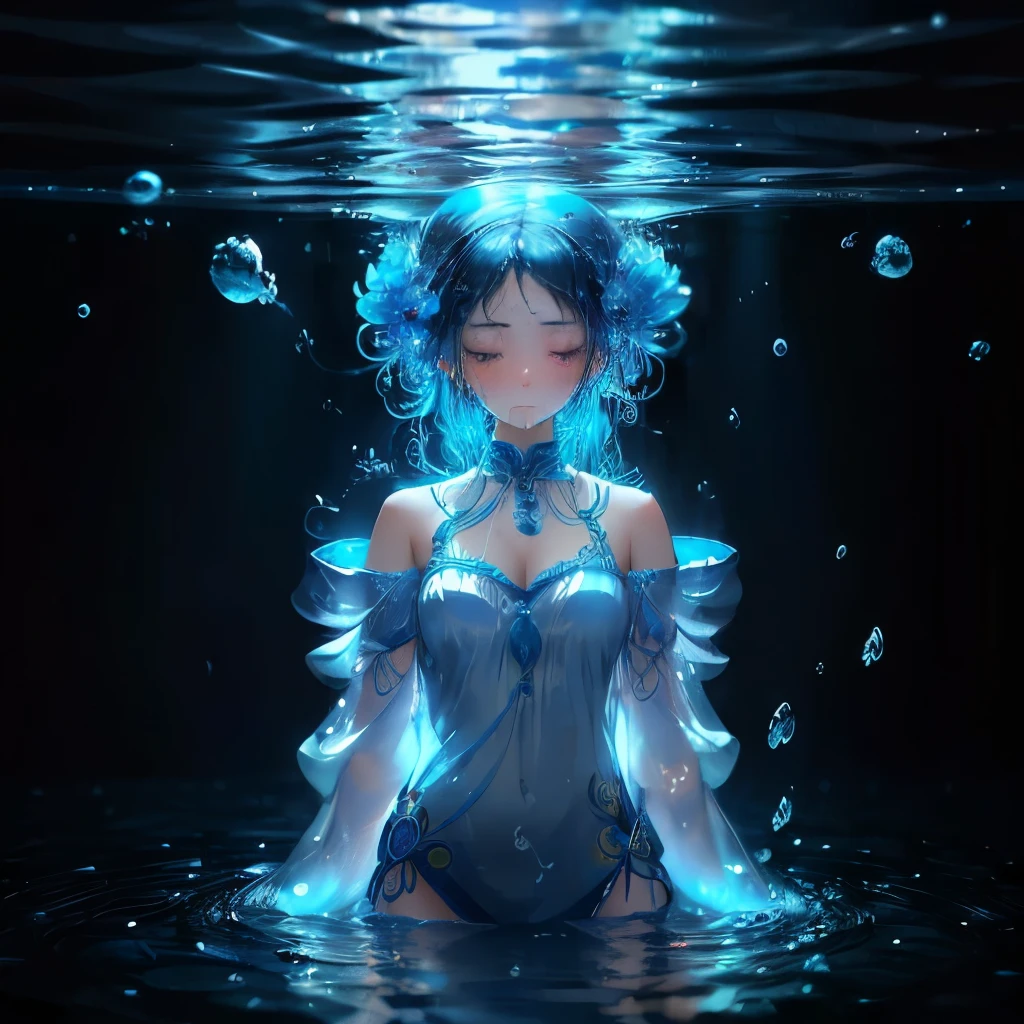 ((Mejor calidad: 1.2)), ((Obra maestra)), (Muy detallado: 1.3), Anime, Woman, Blue Hair, Fish in Water, Crying
Imagine a high-quality, masterpiece-level anime drawing of a beautiful weeping woman with cascading blue hair. The image is incredibly detailed, with each strand of hair rendered in meticulous detail. The woman is standing near the edge of a calm body of water teeming with fish. She is crying, her tears falling gently into the water, creating ripples that spread outwards. The scene is bathed in a soft, melancholic light that adds to the emotional depth of the
