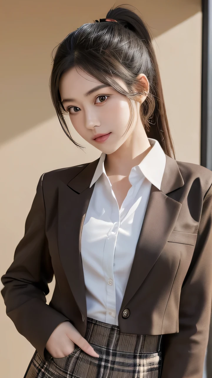 Uniforms for Japanese High School Students,brown blazer,Brown ribbon on chest,Full body image,On the table, Highest image quality, high quality, Clear background,Beautiful woman, Japanese, detailed, detailed eyes, detailed skin, beautiful skin, 超high resolution, (Reality: 1.4),Very beautiful woman, slightly younger face, beautiful skin, slim, (Hyper-photorealism), (high resolution), (8k), (Very detailed) (Beautifully detailed eyes), (Ultra Detailed), (detailed face), View Viewer, Fine details, detailed face, Smile, Look straight ahead, Look straight ahead, Photo-realistic, Bright Lights, Professional lighting, Black Hair, ,ponytail,baby face,Sixteen years old,Hairstyle: ponytail,Wearing a ribbon,Long ponytail hairstyle,From the waist up,Standing and posing,Brown plaid skirt,brown blazer,Brown ribbon on chest,outdoor,He wore a silk tie on his chest。