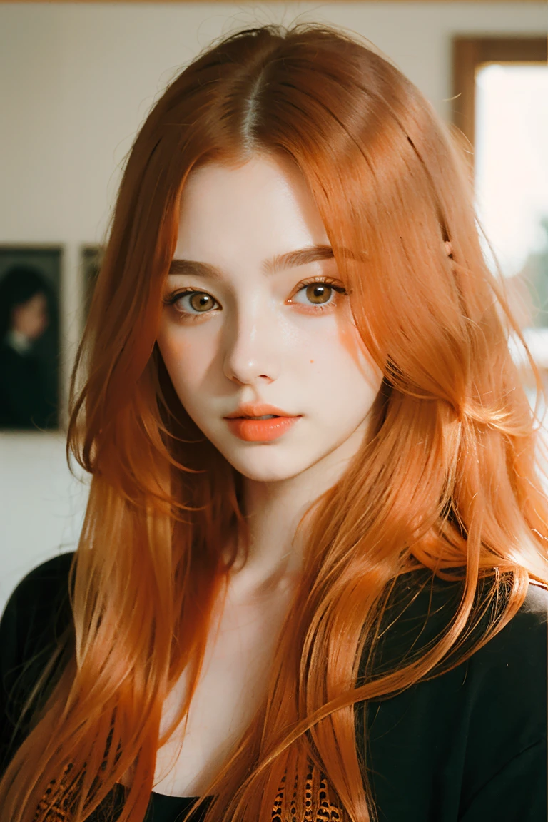 Nsfw、nude、(((1 girl))), ((((alone)))), ((messy hairstyle)), stand and take a photo, (((reddish yellow hair)), red eyes