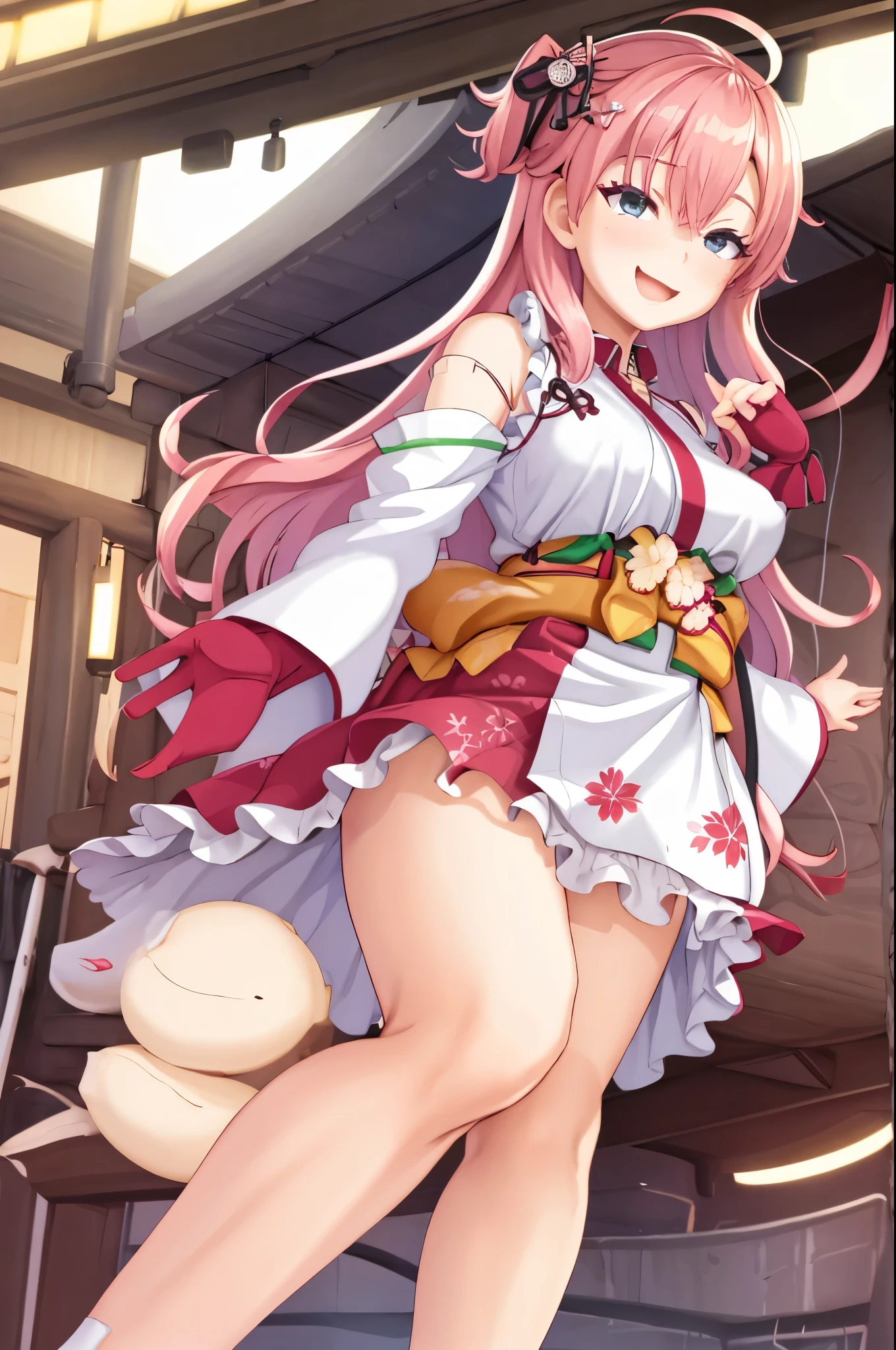 score_9, score_8_superior, sauce_anime, One girl, alone, Miko Base, Long Hair, Ahoge, one side superior, Hair Bell, Cherry blossom print, Non-traditional Shrine Maiden, Frills, Single knee socks, Bridal Garter, Hands on hips,  pantyhose, Footjob, Completely naked, excessive cum,Pussy juice, puffy nipple, 1penis