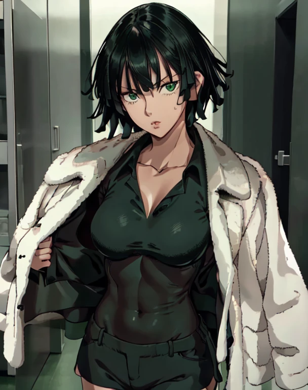 (((masterpiece))), fubuki, 1girl, solo, looking at viewer, short hair, green-blackish hair, green eyes,, 👀long sleeves, cleavage, medium breasts, closed mouth, collarbone, jacket, open clothes, open jacket, blue jacket, black sports bra, dolphin shorts, 