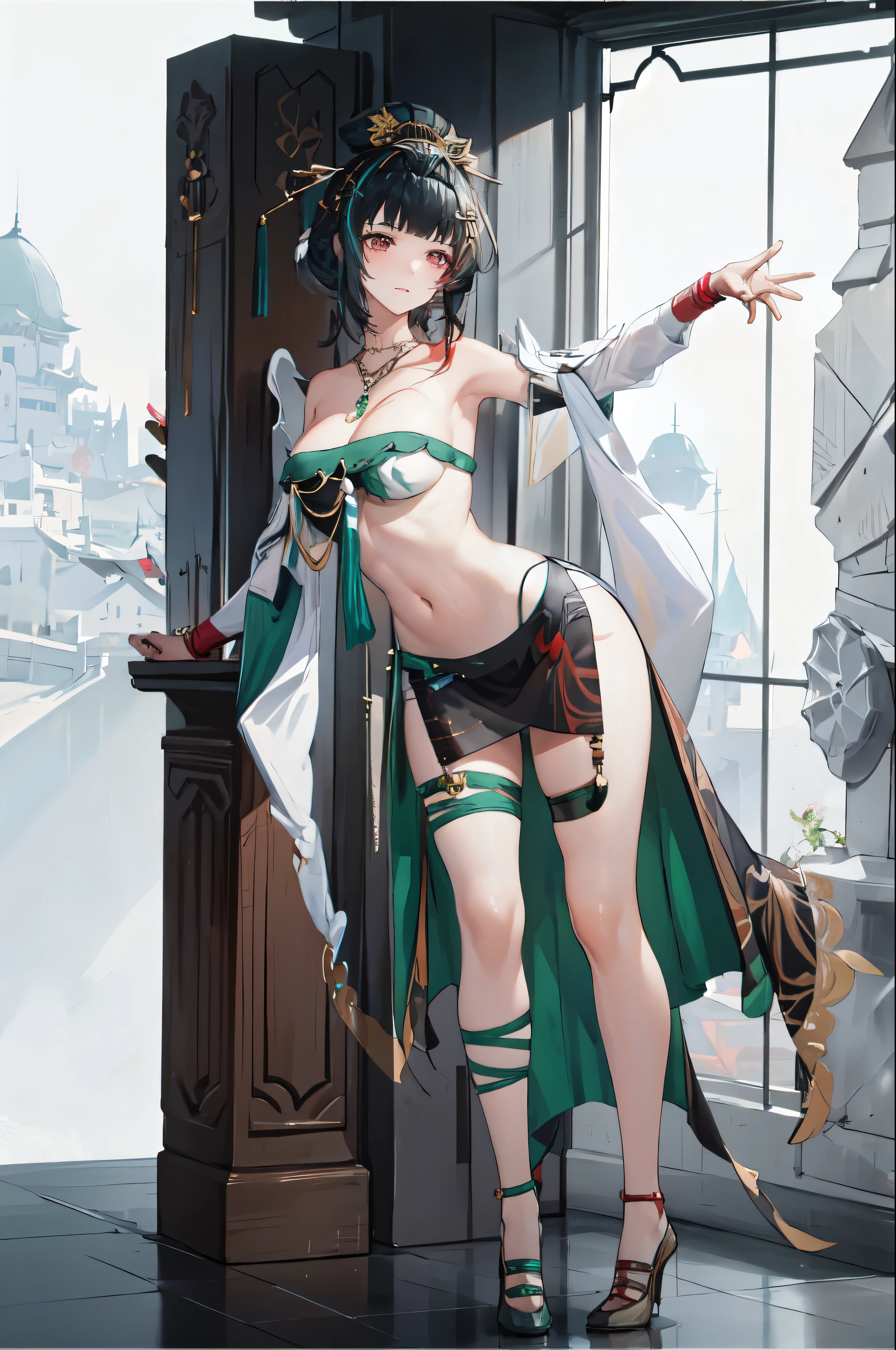 masterpiece, best quality BREAK solo, china dress, highres, 1girl, standing, (large breasts), mature female, hanying, Full body drawing, (masterpiece), (best quality), (hyperdetail), (illustration), ((extremely delicate and beautiful)), (detailed light), (prefect's body), full body drawing, dancer, Hanying, HanYing, sexy, sexy belly, sexy belly line, sexy belly button