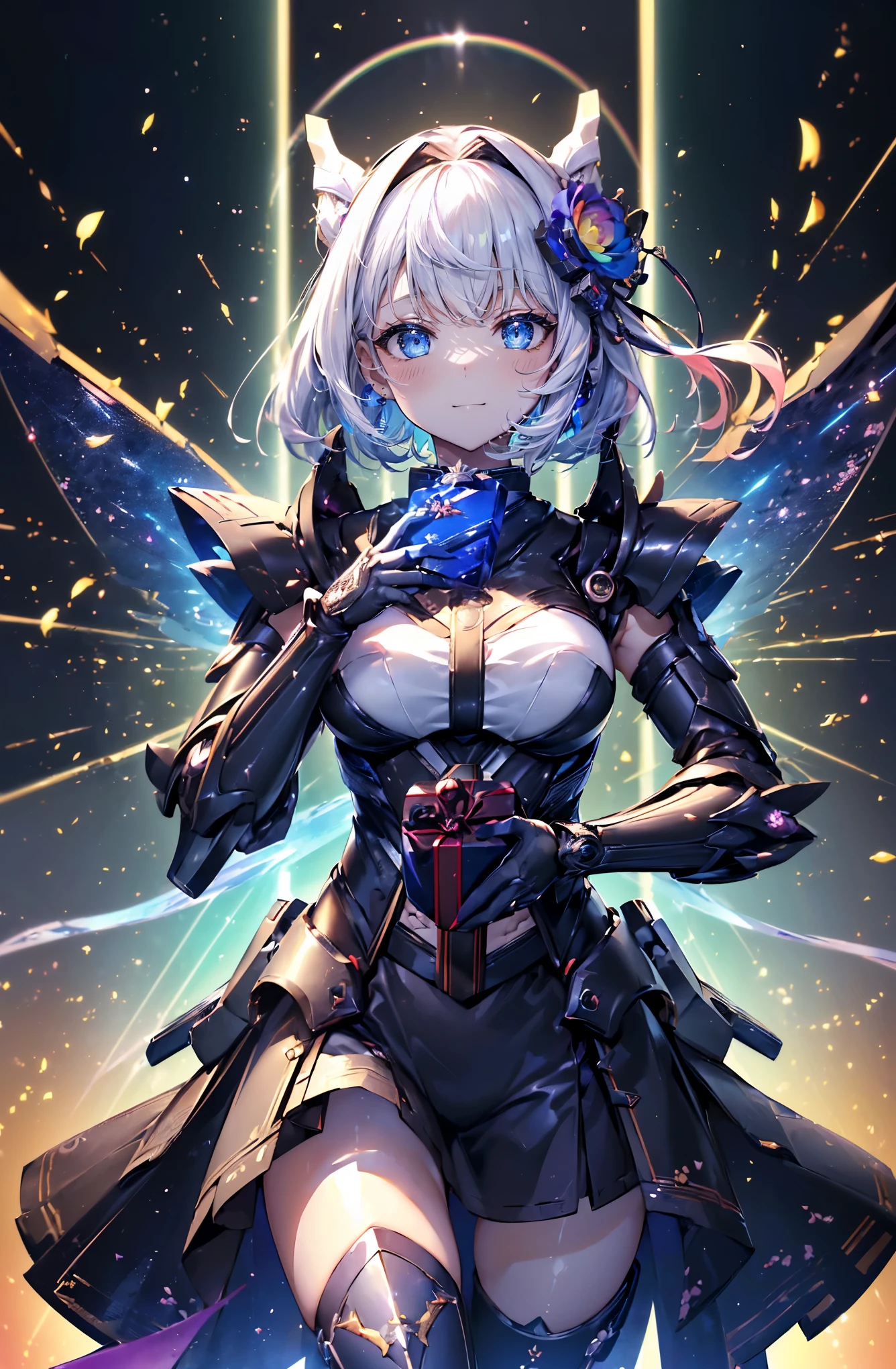 Masterpiece, Best Quality, illustration, fighting pose, 1 girl, Noelle Genshin Impact, short silver hair, green eyes, maid skirt with red side parts, Maiden Knight, Maiden Knight armor, Castle Bridge, water,
