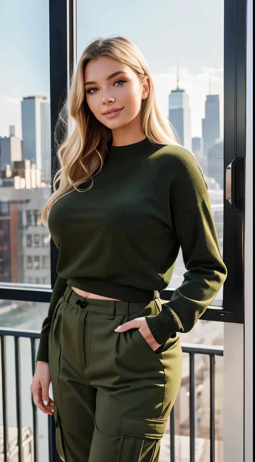 Foto hiperrealista en primer plano de Emily Sears, masterpiece, best quality, (photorealistic:1.4), (army green winter Plus Size Long Sleeve Pullover casual Sweater:1.1), (army green cargo pants:1.2), modern New York apartment, view from windows to New York sky light, sunny day,, cinematic light, beautiful woman, skinny, large big breasts, long blond hair, detailed face, smile, facing the camera, photo taken from a distance, age of 20 years old,