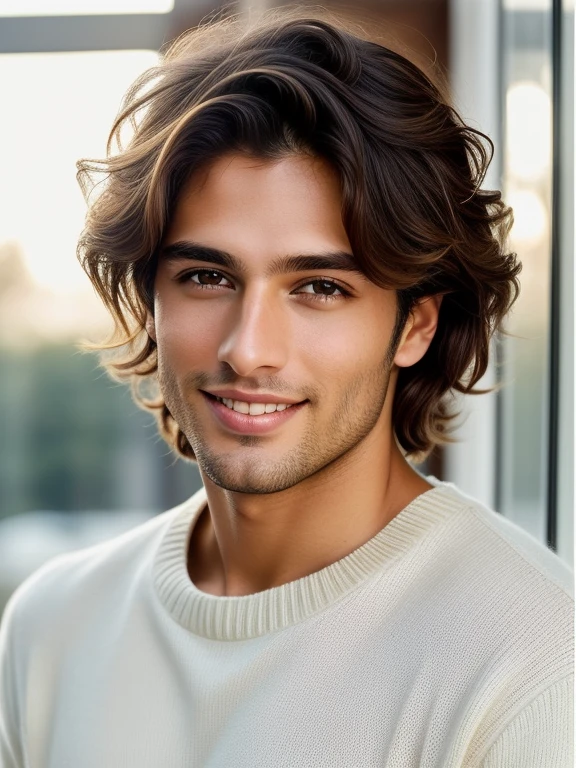 Soft lighting like a movie、Illuminating a handsome Brazilian male supermodel in amazing detail and hyper-realism。, crew neck sweater、short, Messy, Windblown brown hair, Transparent honey eyes, A captivating perfect smile, Sensual, hot guy, Extremely handsome, What&#39;Trending in ArtStation. The octane number is、The perfect tool to capture the soft details of this 16K photographic masterpiece.