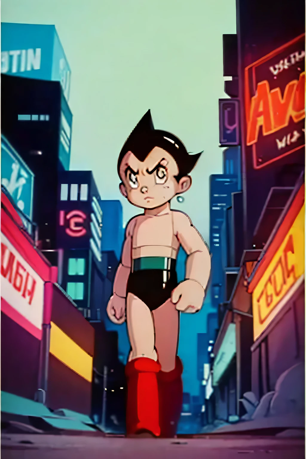 Picture of Astro Boy with intense expression, walking towards viewer, neon city skyline backdrop, 1980s Animation style, movie poster quality