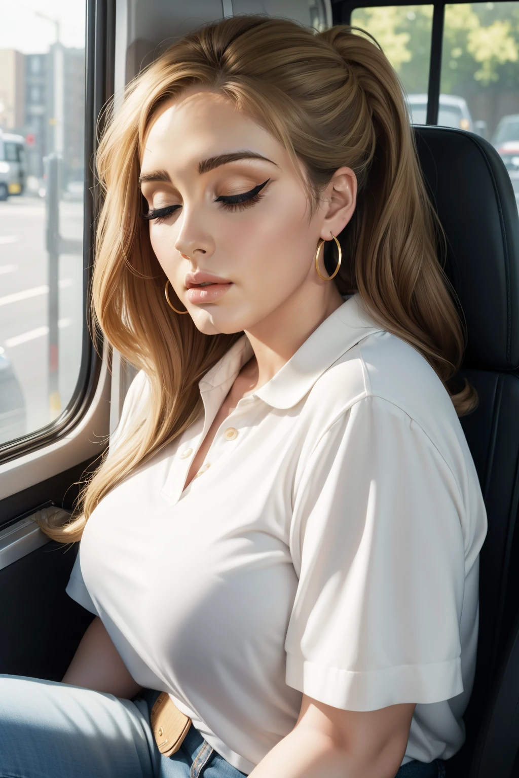 1 beautiful woman, large body, beautiful face, beautiful young woman, eyes closed, white polo shirt with neckline and gold embroidery, Latina woman, face made up, eyes closed, long eyelashes, black hair, hair tied in a tail, short ponytail, made up eyelids, long blue jeans, white sneaker, colored eye shadow, eyeliner, hoop earrings, eyelids outlined with makeup, open mouth, brown handbag, asleep on the bus, hands resting on her thigh, white pearl bracelet on the doll, asleep with its mouth open, asleep propped up on the final seat of the bus, sitting by the side of the bus window, mouth open, looking out the window, nodding, Lucy Pinder, ((FAce portrait)), ((ADele)),