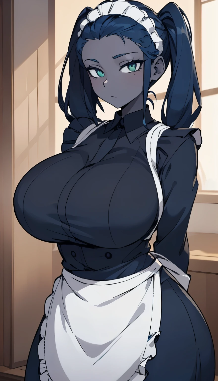 SFW, ((black grey skin Drow)), (gigantic breasts), firm breasts , tall girl, slim waist, curvy figure, arms behind back, (((dark_blue_hair))), green_eyes, long_pigtails, ((apron))