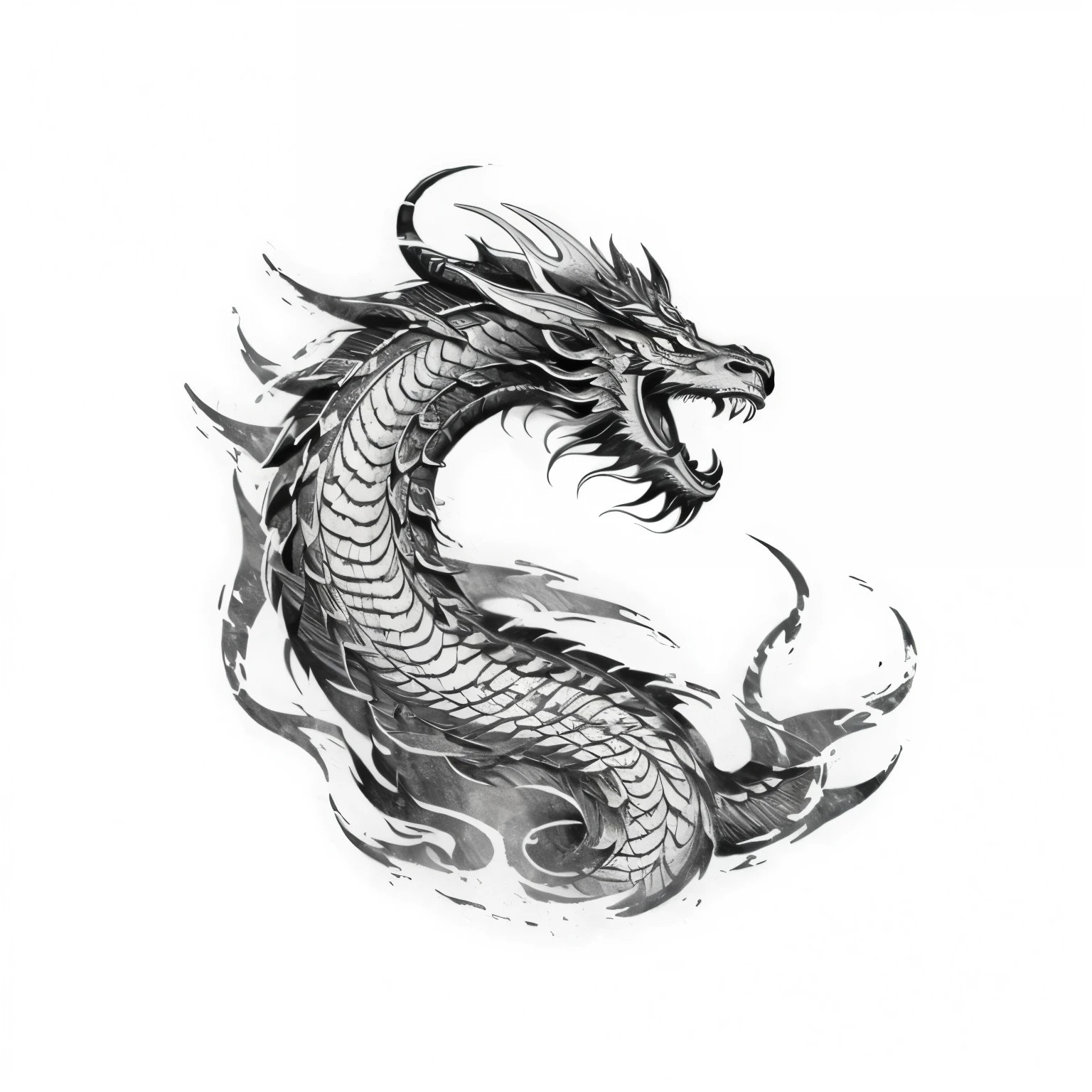 asian style dragon tattoo, sketch type, line art vector, (high quality, tattoo:1.2), asian style tattoo of a Embodying Strength and Wisdom: A Majestic Chinese Dragon, detailed scales, vibrant colors, intricate linework, powerful presence, mystical aura, dynamic movement, traditional elements, fierce expression, flowing mane, contrasting shading, wisps of smoke, mythical creature, symbol of power and prosperity