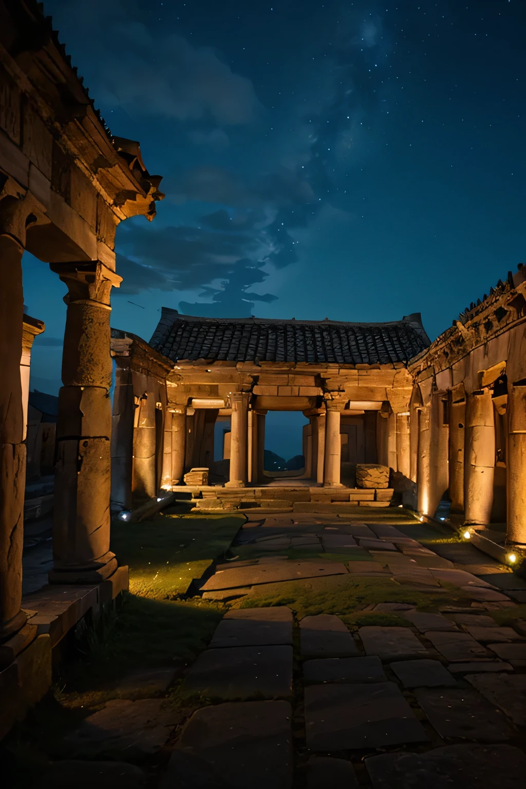 night sky on ancient buildings