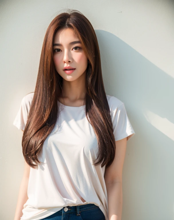 Long Hair、Beautiful woman、T-Shirts、In front of the white wall、high resolution