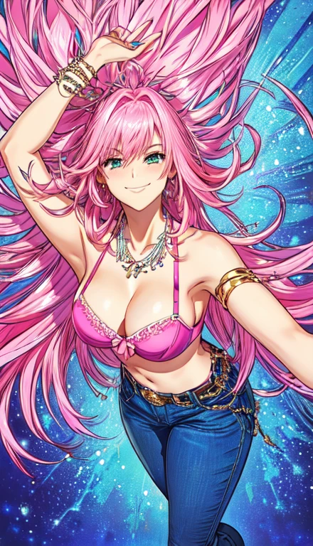 A smug narcissistic pink haired woman wearing a pink bra and blue pants and lots of jewelry flaunting herself 