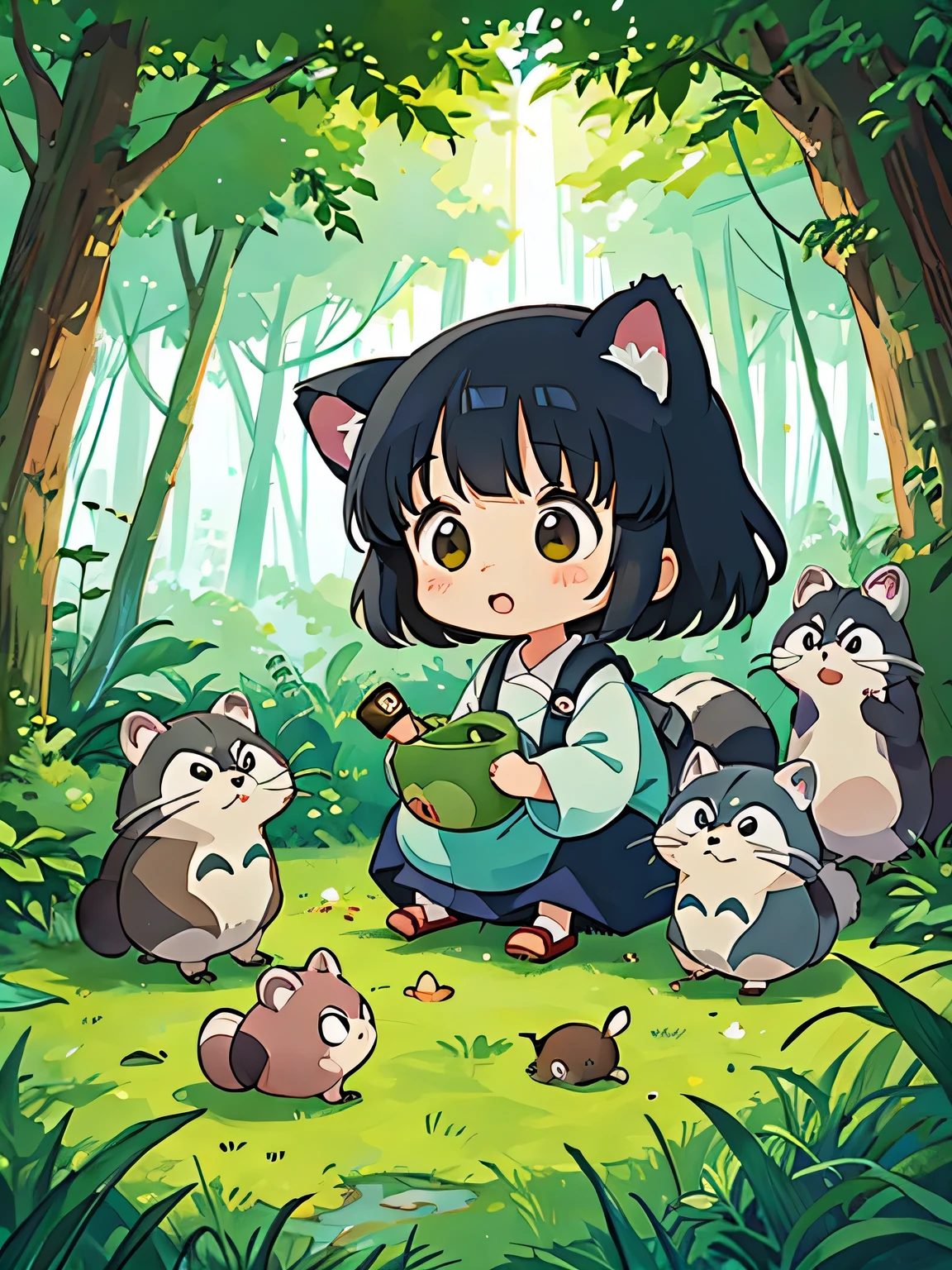 hayao miyazaki style, Kawaii Design, The most beautiful girl of all time、Chibi, Totoro、playing together、Lots of cute raccoons、Playing with raccoon dogs、Totoro Forest