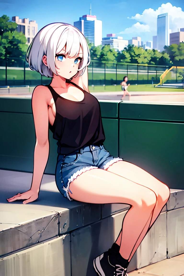 (masterpiece, best quality:1.4), <lora:disgusted:1>, 1girl, solo, standing, ((looking disgusted, disgust)), white hair, blue eyes, shorts, short shorts, medium breasts, cowboy shot, sports bra , outdoors, park, blue sky