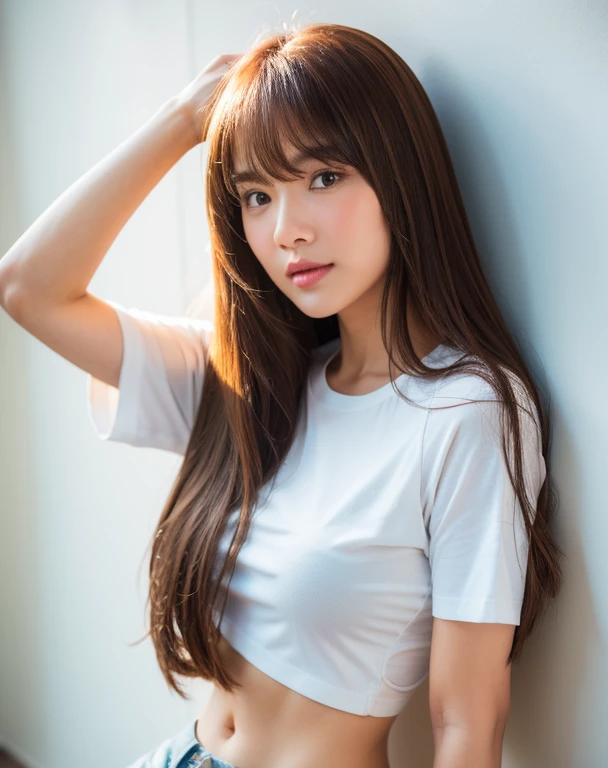 Long Hair、With bangs、Beautiful woman、T-Shirts、In front of the white wall、high resolution