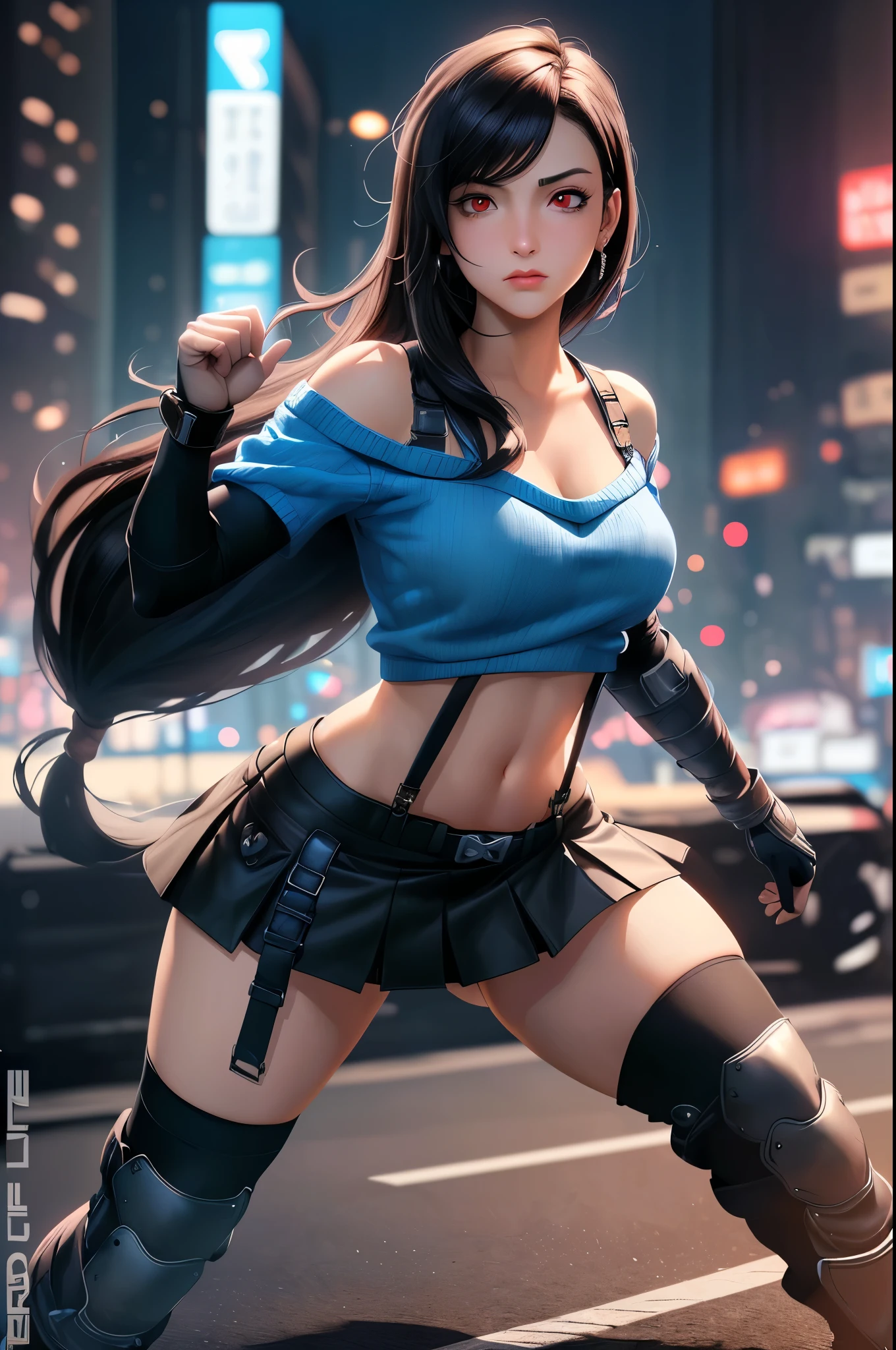 perfect eyes:1.2, detailed eyes:1.4, metTifa, closed mouth, fight pose, angry, red eyes, low-tied long hair, earrings, cropped sweater, blue sweater, off-shoulder, short sleeves, suspender skirt, elbow gloves, armored legwear, 1girl, solo, (masterpiece:1.6, best quality),