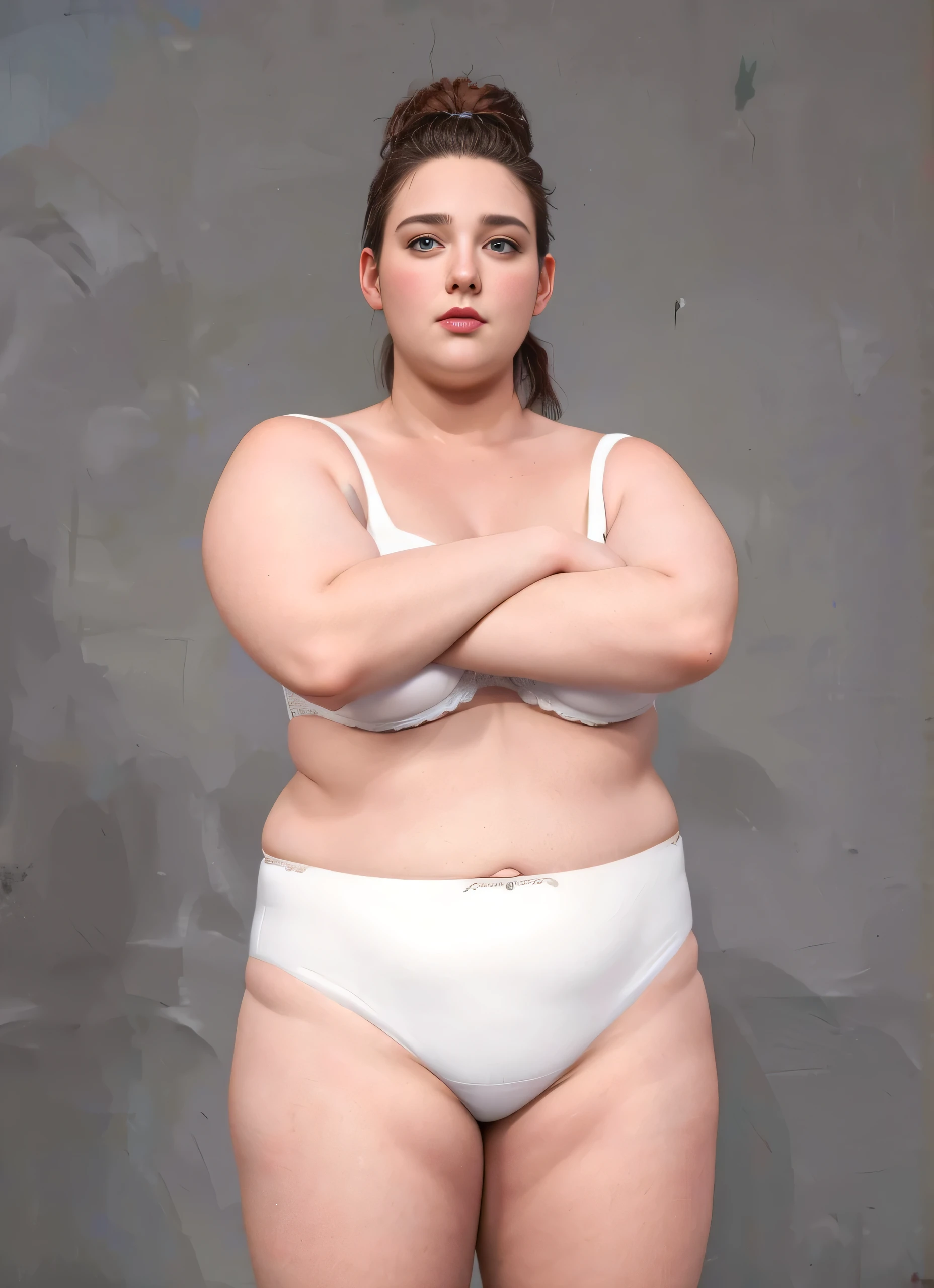((masterpiece, best quality)), ((((perfect anatomy)))), ((30 year-old)) (((Plus-sized))) German woman with brown ponytail hair, (in white bra), (((White high cut panties))), standing in front of grey screen, dark eye shadow, ((photo realistic))