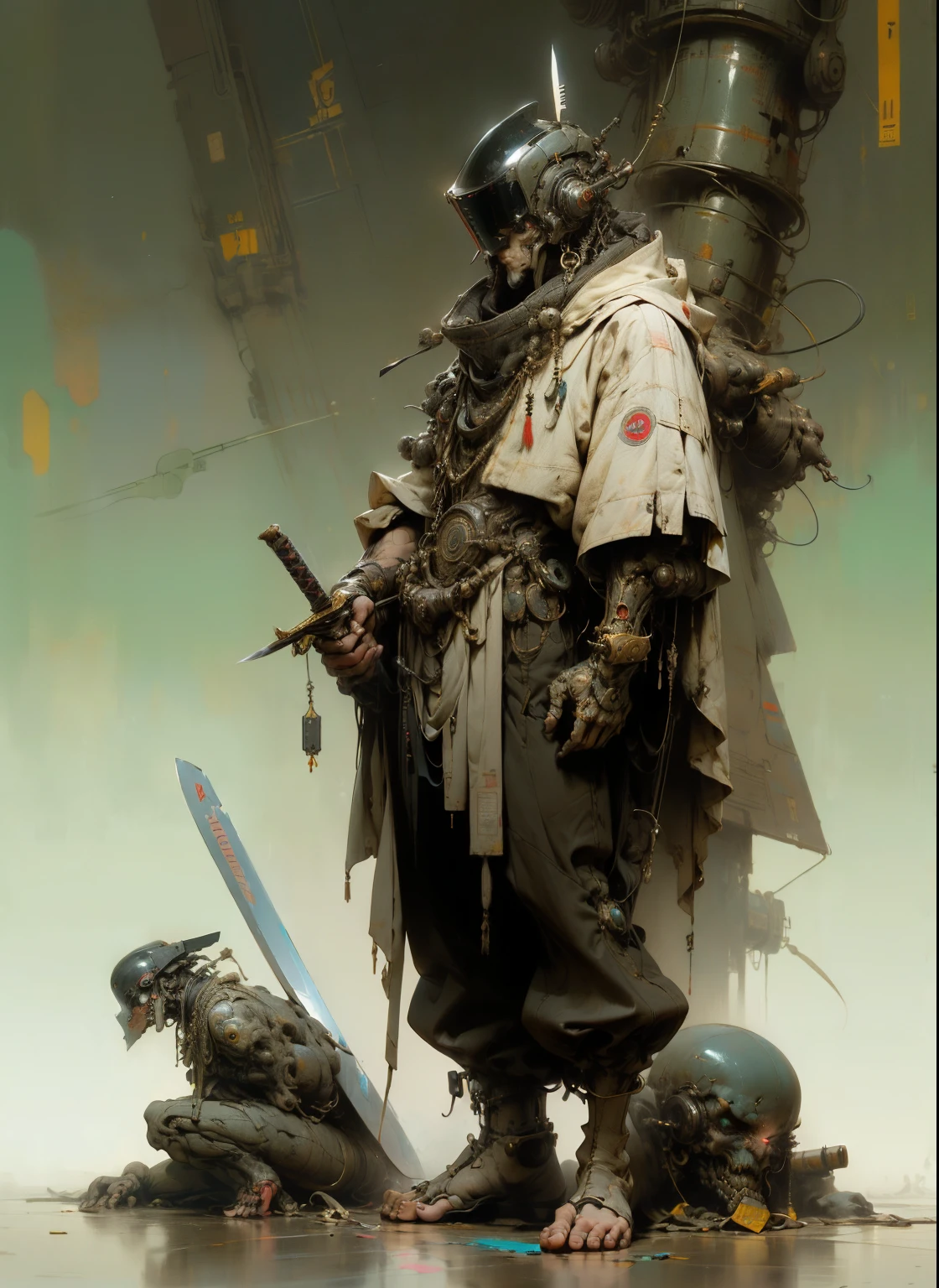 perfect proportions, anatomically correct, (head to toe: 2.0), (full body image: 2.0), solo, (Casshern: 1.6), extremely stylized, deviant art, masterpiece, highly detailed, detailed eyes, expressive detailed eyes, detailed pupils, futuristic, ((1950s scifi helmet)), ((pointy helmet)), Rubber Gloss, (flightsuit:1.4), big boots, entire body image, full body shot, nvinkpunk, professional photograph of alexander_skarsgard, tassles, large beads, (large tassels), cyberpunk, inkpunk, paint platter, ink splatter, (action pose:1.0), ((holding a sword))