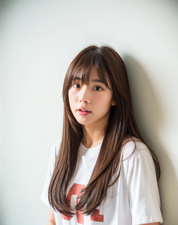 Long Hair、With bangs、T-Shirts、In front of the white wall、high resolution