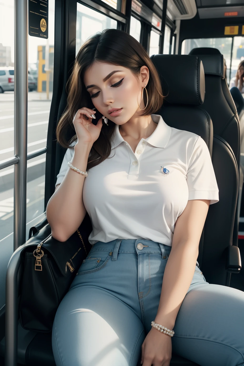 1 beautiful woman, big body, beautiful face, beautiful young woman, eyes closed, white polo shirt with some flower patterns, latina woman, face made up, eyes closed, long eyelashes, short hair, yellow streaks of hair, made up eyelids, pants long blue jean, white sneakers, colored eyeshadow, eyeliner, small hoop earrings, eyelids outlined with makeup, black bag, asleep on the bus, arms crossed, on thigh, white pearl bracelet on wrist, asleep with his mouth open, asleep leaning against the last seat of the bus, Lucy Pinder, ((FAce portrait)), Adele