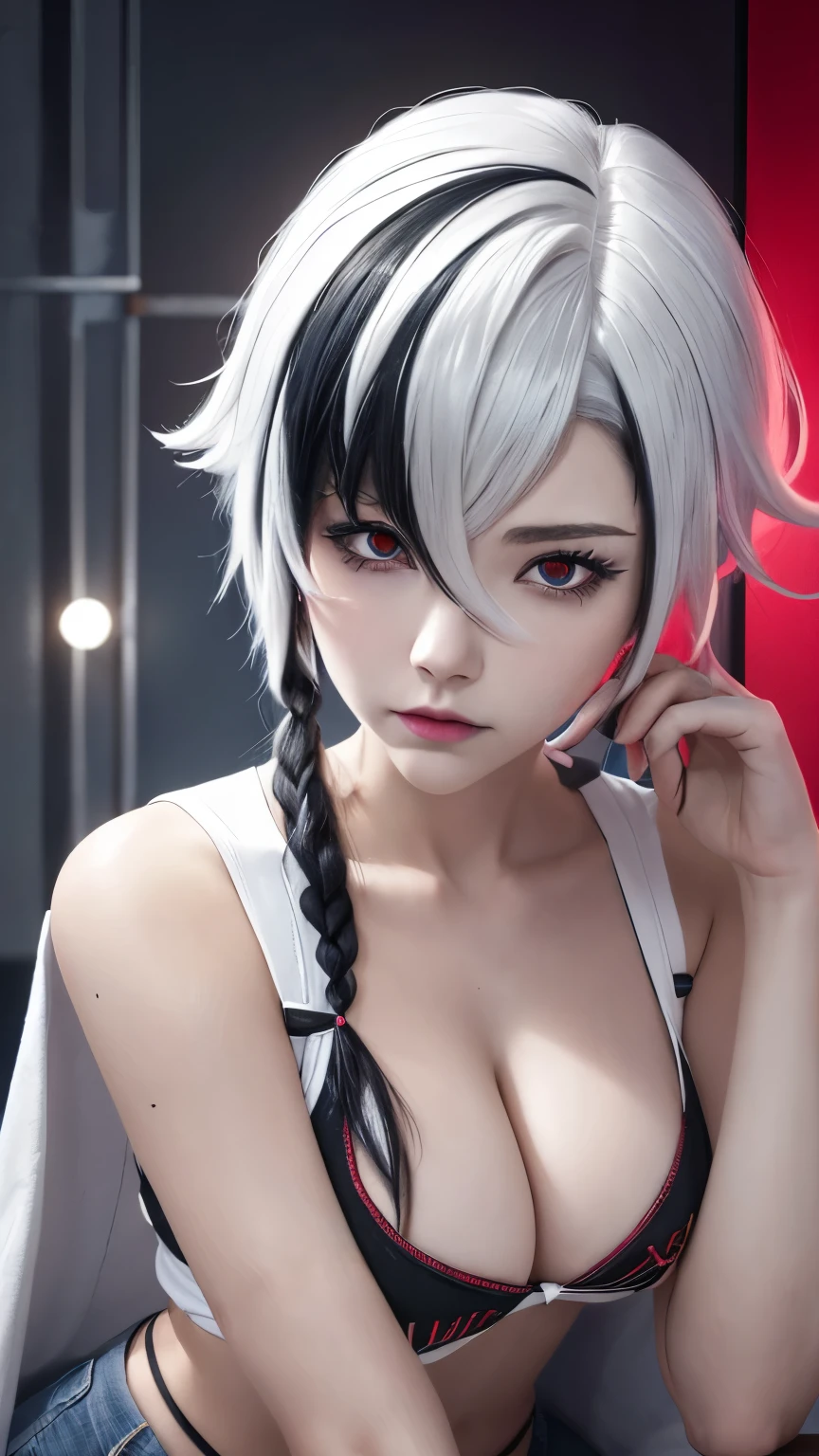 （Lifelike，high resolution：1.3）， 1 girl with perfect body，White hair，Black Hair，Colorful Hair，short hair，Straight Hair，White hair long braid，Glowing red eyes，Red X pupil，Super delicate face and eyes，Vest random color：1.2，Denim shorts，Big breasts，gully