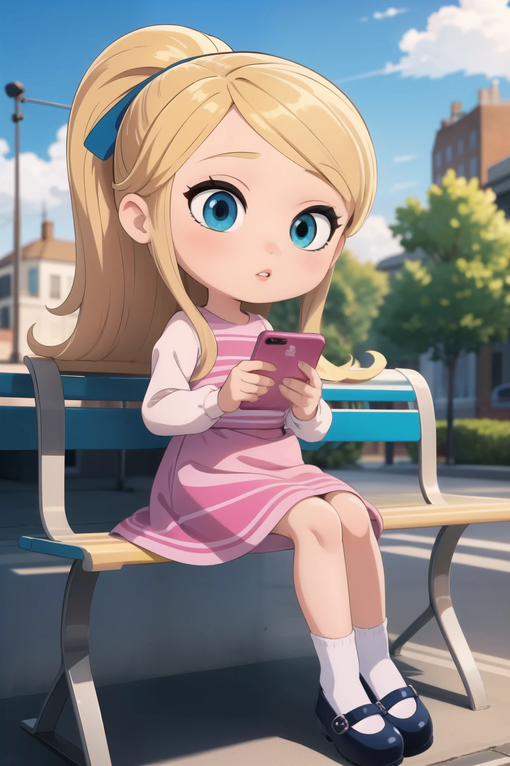 sitting at a bus stop,focused,looking at 1phone, texting,(masterpiece, best quality:1.2), 1girl, solo, penny peterson, best quality,detailed eyes,((penny peterson)), ((pink dress)), puffy sleeves, blue eyes, blonde hair, long hair, cyan blue ribbon, ponytail white tube socks, mary janes, upskirt, white panties, chubby thighs, illustration,having a detailed face and expression,detailed hair,beautiful eyes and lips,daylight,urban landscape,clear sky,vivid colors,well-defined shadows