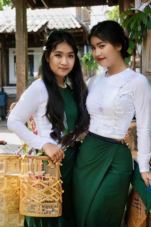3 female teachers dressed in Burmese school teacher uniforms are posing, best quality, highres, ultra-detailed, realistic:1.37, studio lighting, vivid colors, portraits, traditional lighting, beautiful detailed eyes, detailed lips, traditional Burmese attire, standing confidently, professional, natural poses, wooden background, authentic accessories, elegant decorations, colorful headscarves, subtle smiles, well-groomed hair, pleasant expressions, soft lighting, warm color tones, focused attention, relaxed atmosphere, engaging poses, proud expressions, Burmese culture showcase.