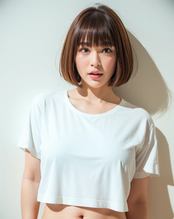 Short Bob Hair、With bangs、T-Shirts、In front of the white wall、high resolution