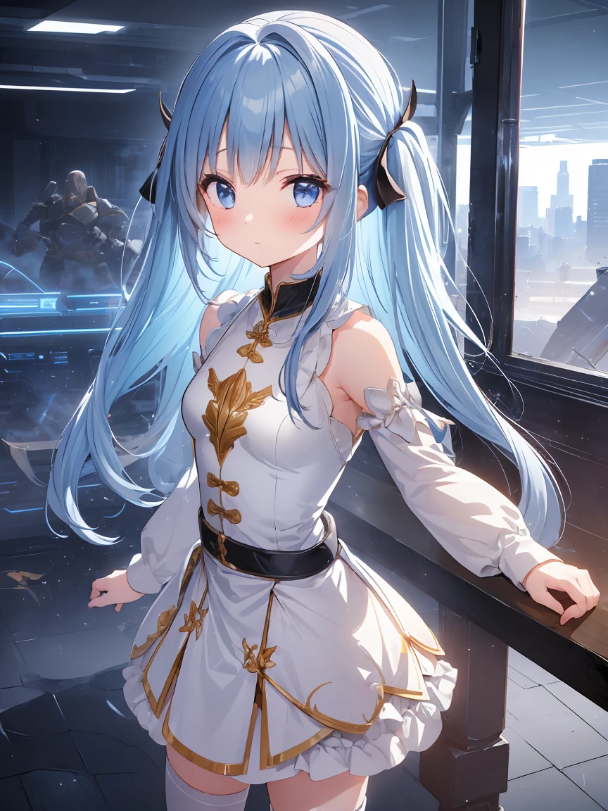 Masterpiece, best quality, extremely detailed, (illustration, official art: 1.1), (((((1 girl))))), ((light blue long hair))), light blue hair, , ((blush)), cute face, big eyes, tareme, masterpiece, best quality, ((a very delicate and beautiful girl)))), , girl,amazing, beautiful detailed eyes, blunt bangs (((little delicate girl)))), tareme (true beautiful: 1.2),, and sweet,(Composition looking up from a low position)、,1girl,, ,flat chest,A girl, Black T-shirt, Red skirt, pencil skirts, Show off her terrifying power in battle, Defeat the forces of the Thousand Demon and the Unification Sect, Li Gu's movements were as fast as lightning, Hand-held weapons for devastating blows, The soldiers of the Fan Demon Alliance and the Unification Sect were vulnerable in front of him, Unable to withstand his terrible power, , 32K, Best quality, Masterpiece, Super detailed, High resolution, high detail