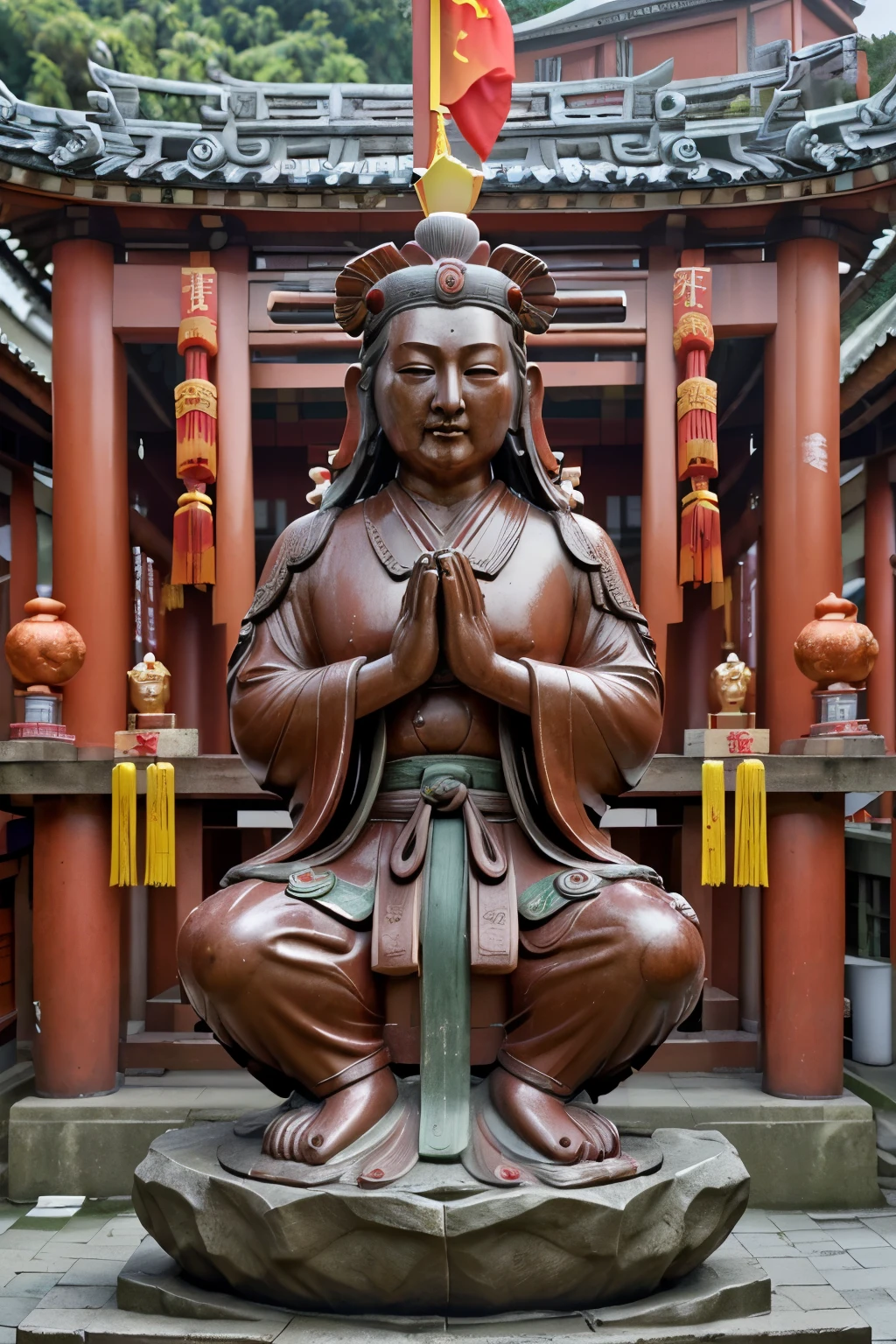 High quality, chinese god mazu, mazu chinese shrine, photography, high solution,mazu statue, taiwan shrine, celebration, wearing mazu clothing, people prays, shrine vibes, blessing