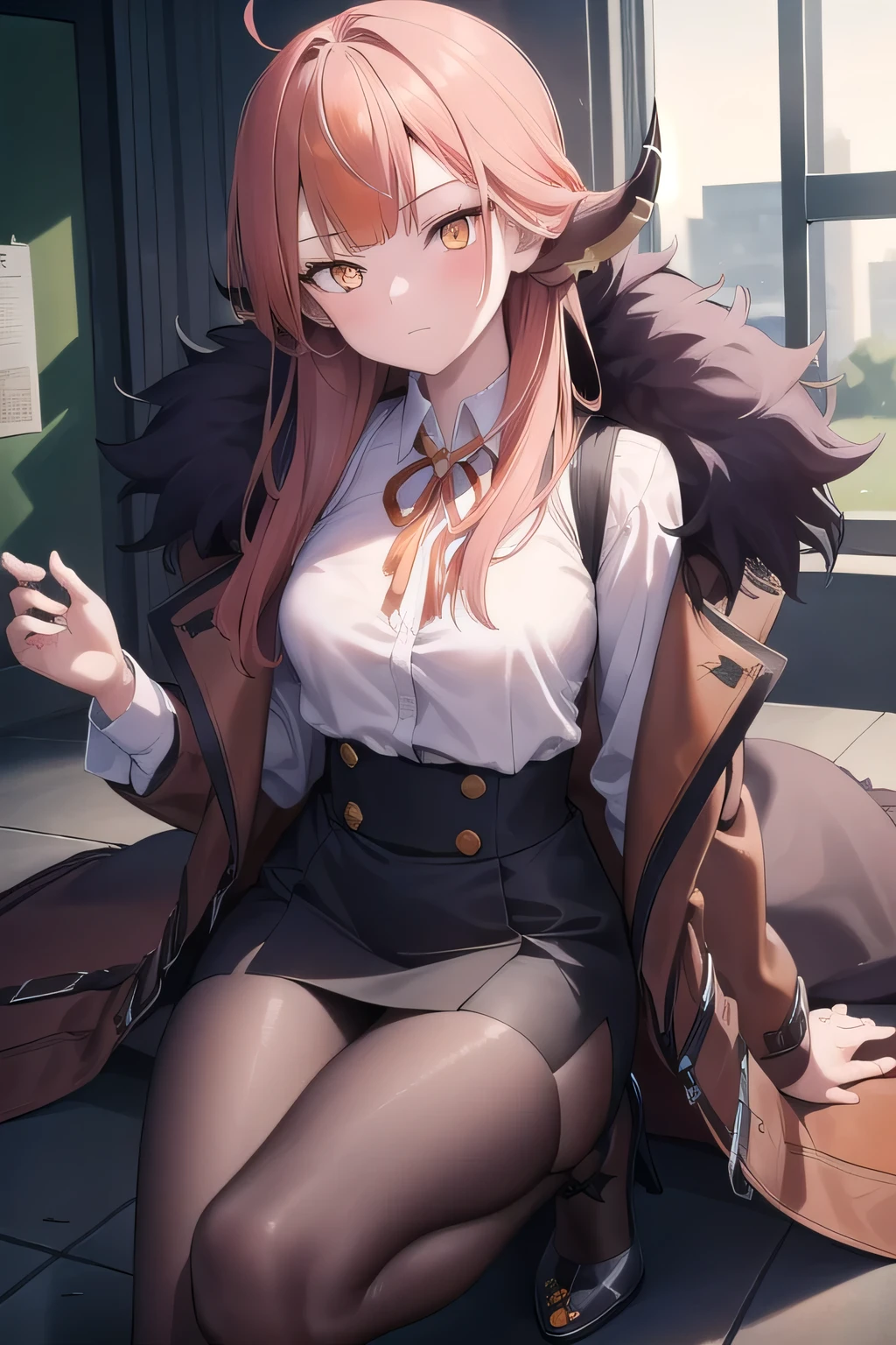 bluearchivegot it, got it, Hello, horn, Long Hair, (Orange eyes:1.5), Pink Hair, bangs, blunt bangs,
break black footwear, coat, clavicle, High heels, horn, Long sleeve, red coat, shirt, white shirt, Fur trim,
break looking at viewer,
break indoors, classroom,
break (masterpiece:1.2), highest quality, High resolution, unity 8k wallpaper, (figure:0.8), (Beautiful fine details:1.6), Highly detailed face, Perfect lighting, Highly detailed CG, (Perfect hands, Perfect Anatomy),