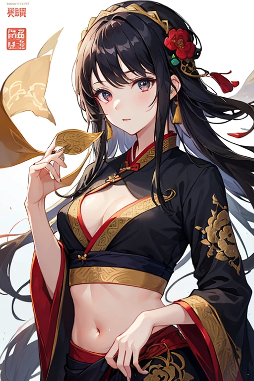 1 girl, woman, good looking, ink, Chinese Armor,Belly button, ((2.5D)), Black Hair, Floating Hair, Delicate eyes, Antique black and red damask patterned Hanfu, viewing angle, (F1.8), (masterpiece), (Portrait Shot), Front shot, White Background, (Movie Posters)