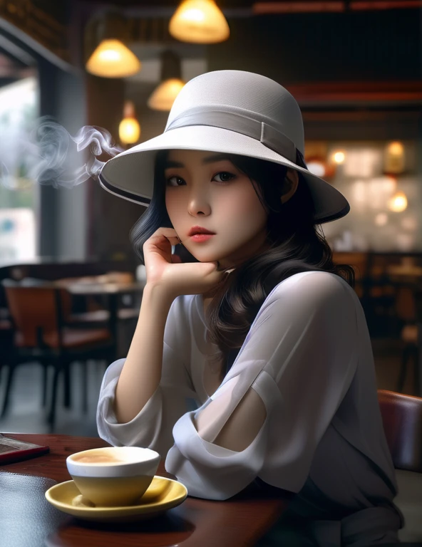 (8k, RAW Photos, highest quality, masterpiece: 1.2). (Realistic, Realistic: 1.37),(Photographic images:1.2),(((Filled with smoke))), Asian girl sitting near a table in a dimly lit cafe, White shirt, Pay attention to her face, Grey hat