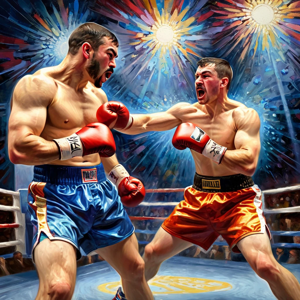 (best quality,4k,8k,highres,masterpiece:1.2),ultra-detailed,(realistic,photorealistic,photo-realistic:1.37), HDR, vivid colors,studio lighting, extreme detail description,professional,fractal,inspired,boxers,painting,artwork,arenalights,canvas,fierce competition,expressive brushstrokes,emotional intensity,masterful technique,passionate energy,striking composition,colorful palette,dynamic movement,contrast,impasto,boxing gloves,packed stadium,roaring crowd,boxing ring,fractal patterns,shadows and highlights,gritty texture,monumental achievement,artistic legacy,legendary artist.