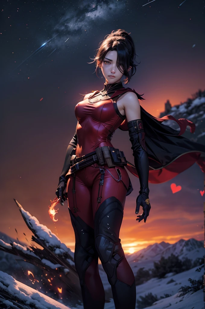 stunning girlfriend, heart shaped face, elegant face, beautiful face, highly detailed face, highly detailed skin, skin pores, subsurface scattering, realistic pupils, full lips, detailed background, depth of field, atmospheric perspective, volumetric lighting, sharp focus, absurdres, realistic proportions, good anatomy, (realistic, hyperrealistic:1.4), 16k hdr, cinderfall2023, best quality, masterpiece, 1girl, anime style, ponytail, red tactical suit, action pose, black left arm, utility belt, bulletproof vest, hair over eye, arcane ninja, flame, night, stars, moonlight,  standing, on mountain side, crowd