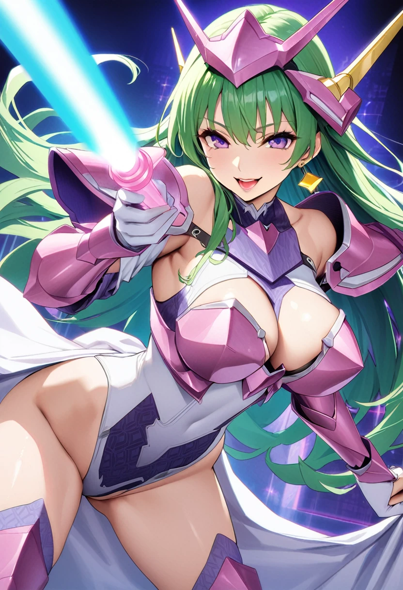 masterpiece、highest quality、Ultra-high resolution、Maximum resolution、Very detailed、Professional Lighting、anime、Adult women、thin、so beautiful、smile、Open your mouth、White patent leather high leg leotard、Purple pattern、((Pink mech armor))、Shiny Armor、White decoration、Cyber Headgear、Shoulders show skin、Golden earrings、Green Hair、long hair、purple eyeedium breast、Pink Lips、White cloak、With a shiny shield、With a beam saber