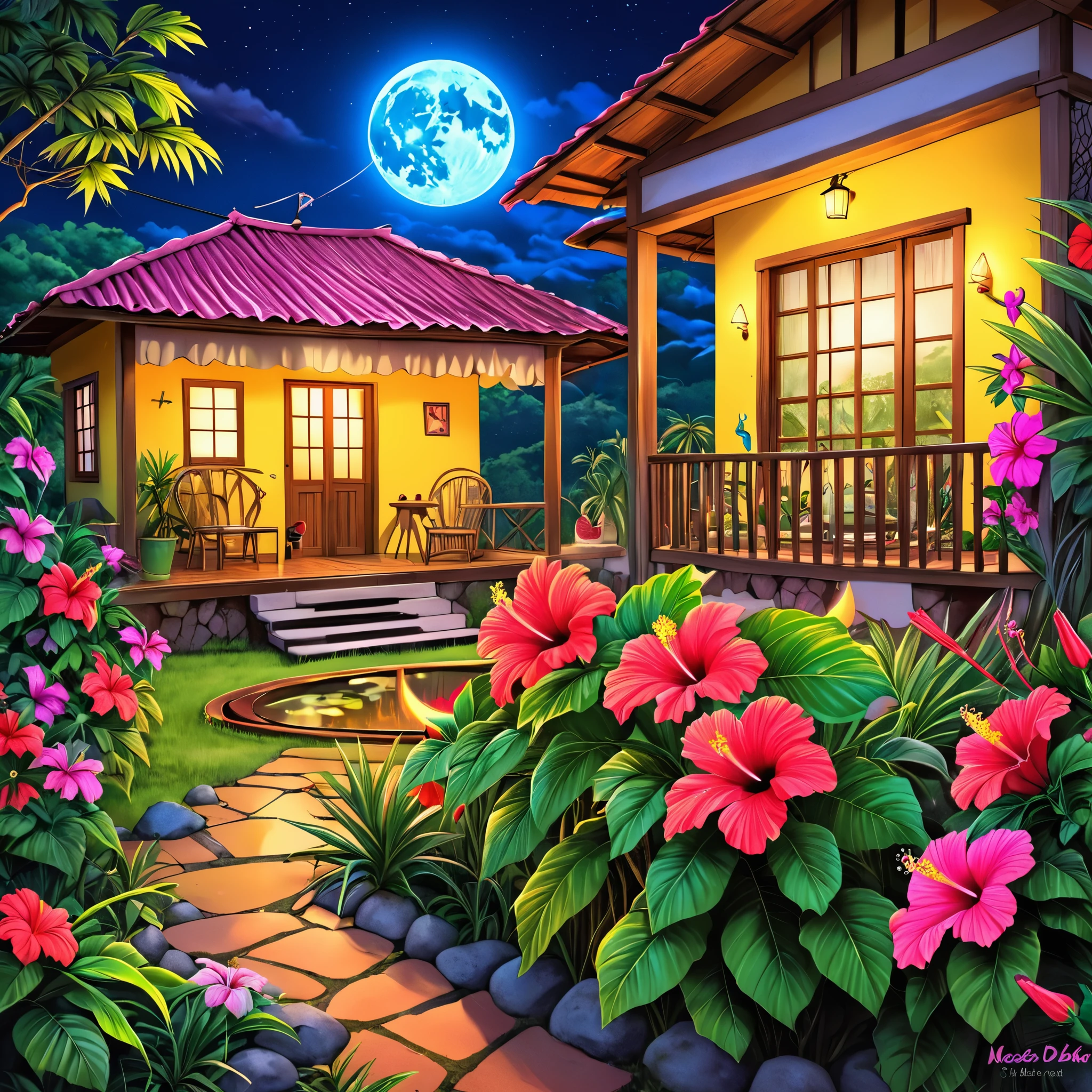 Uma casa pequena na zona rural , interior, with a garden full of hibiscus moon with water drops,neon glow, Nascer do sol, humor bokha