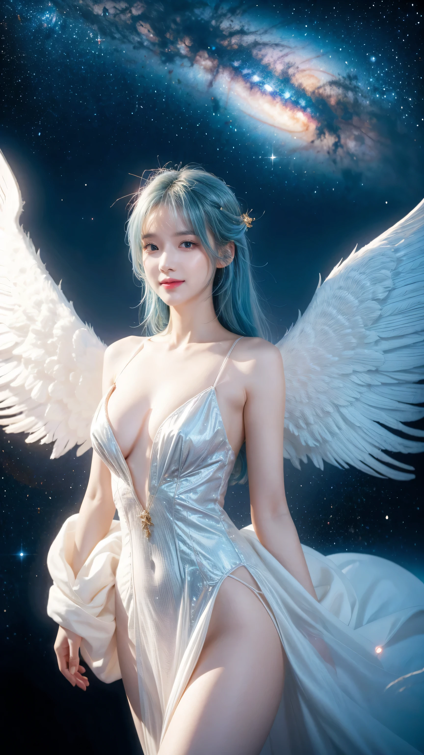 A woman, cyan hair, Red Eyes, Smile, Angel Wings, Golden Halo, White Dress, upright, In outer space, Milky Way in the background, distant stars, Upper Body