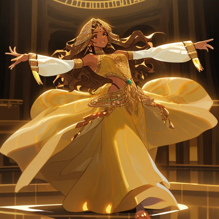 Young woman with tanned skin and long, somewhat wavy brown hair wearing majestic Arab dancer clothing in gold tones and with jewels while dancing 