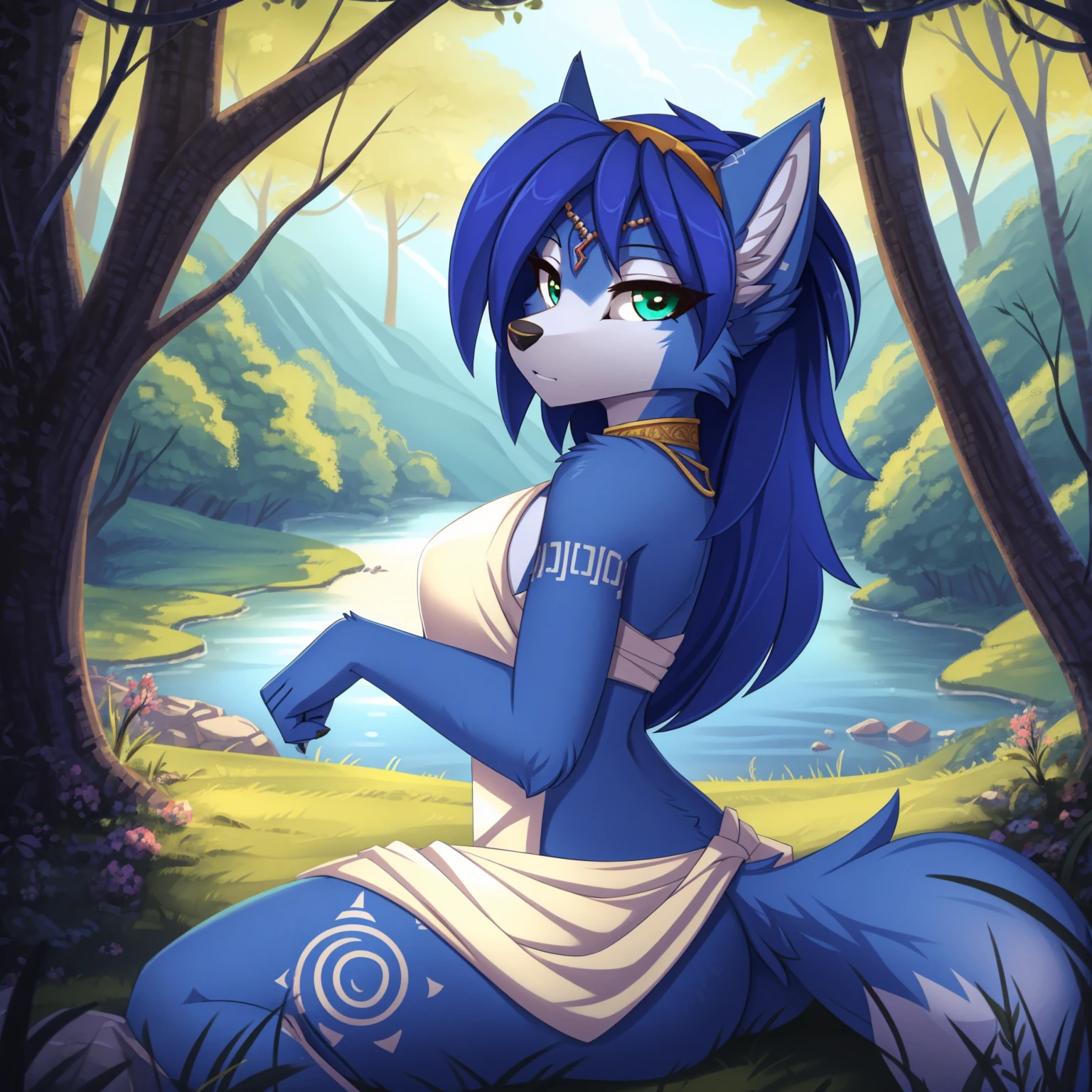 By zinfyuu on pixiv,by twistedscarlet60, uploaded on pixiv, by fluff-kevlar, (masterpiece), (best quality), (anthro furry:1.3, snout:1.2, anthro:1.3, furry:1.2, solo female:1.2), (extremely detailed:1.3), (green_detailed_eye), absol, wearing white dress, sfw, forest, sitting, lake, nature beauty, view on viewer, krystal