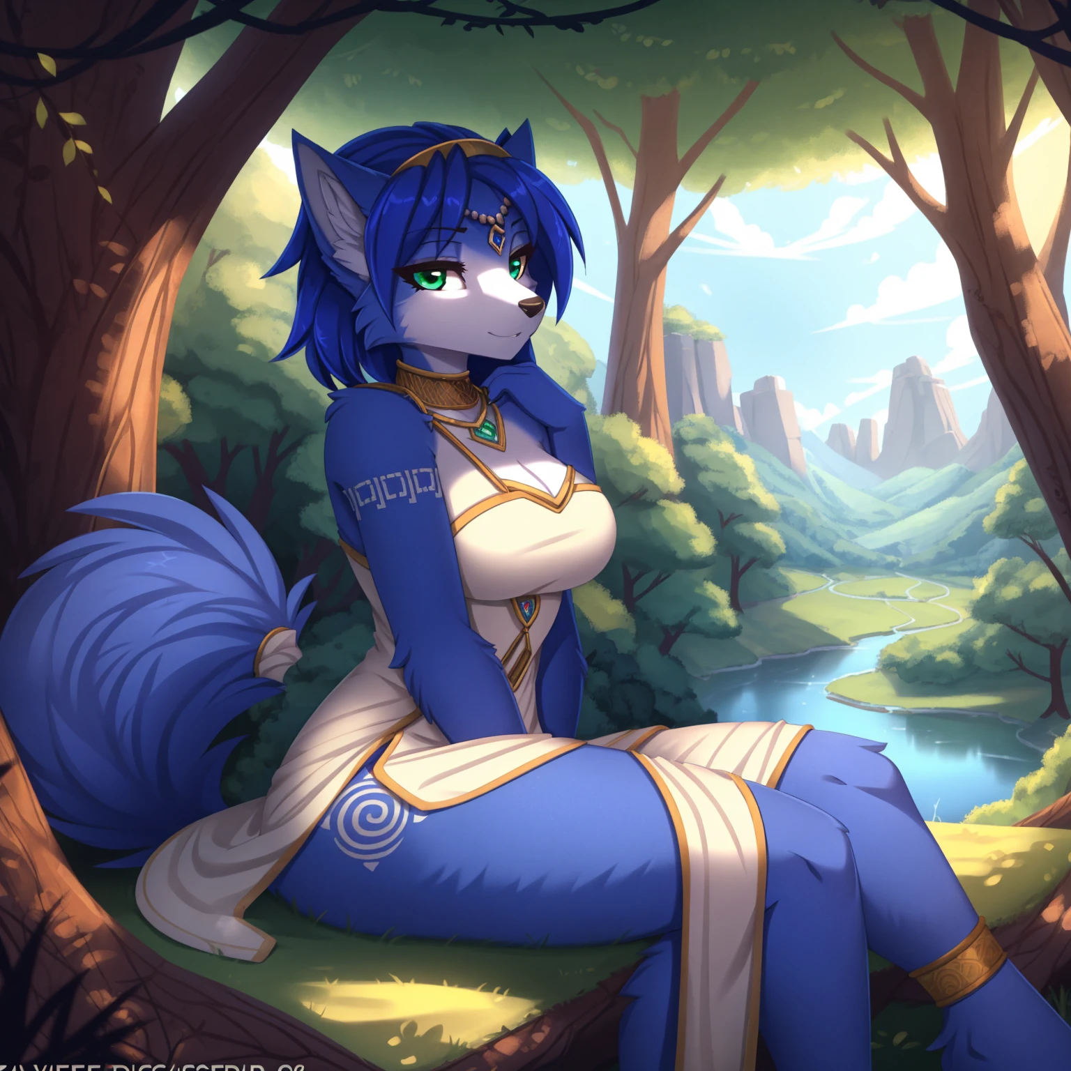 By zinfyuu on pixiv,by twistedscarlet60, uploaded on pixiv, by fluff-kevlar, (masterpiece), (best quality), (anthro furry:1.3, snout:1.2, anthro:1.3, furry:1.2, solo female:1.2), (extremely detailed:1.3), (green_detailed_eye), absol, wearing white dress, sfw, forest, sitting, lake, nature beauty, view on viewer, krystal