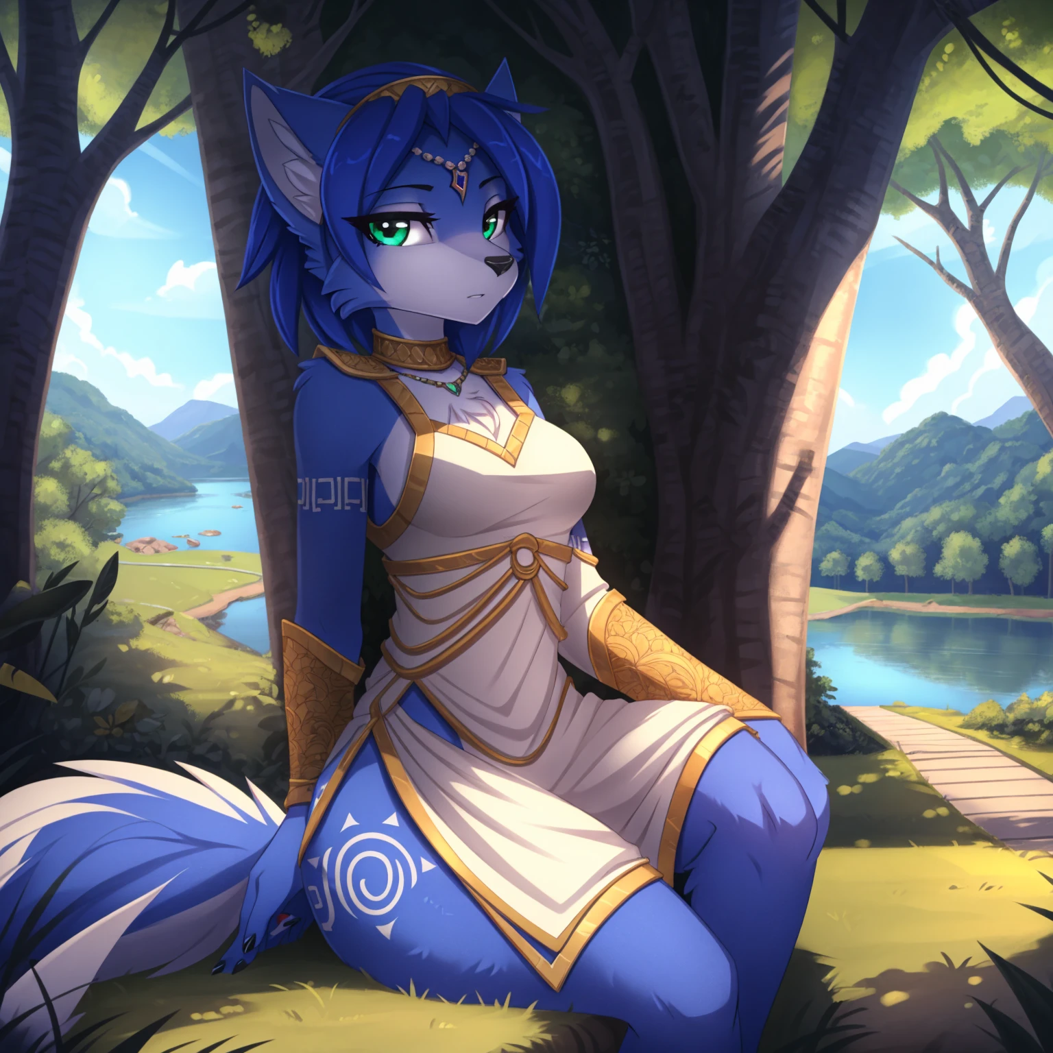 By zinfyuu on pixiv,by twistedscarlet60, uploaded on pixiv, by fluff-kevlar, (masterpiece), (best quality), (anthro furry:1.3, snout:1.2, anthro:1.3, furry:1.2, solo female:1.2), (extremely detailed:1.3), (green_detailed_eye), absol, wearing white dress, sfw, forest, sitting, lake, nature beauty, view on viewer, krystal