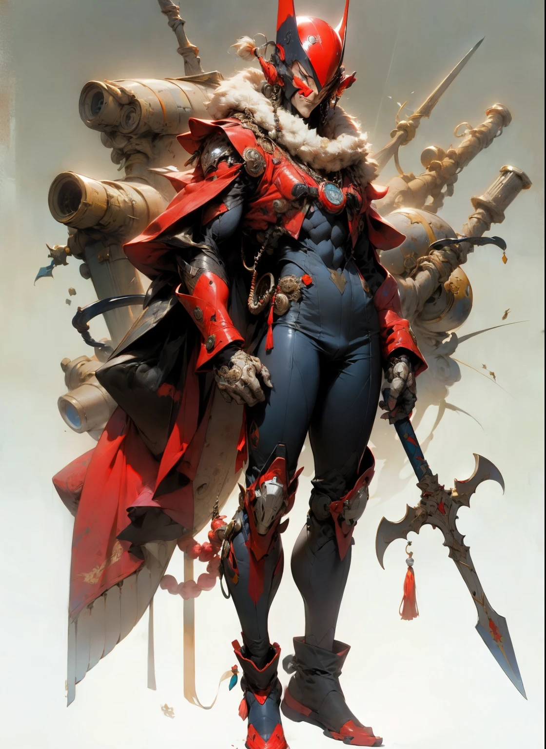 perfect proportions, anatomically correct, (head to toe: 2.0), (full body image: 2.0), solo, (Casshern: 1.6), extremely stylized, deviant art, masterpiece, highly detailed, detailed eyes, expressive detailed eyes, detailed pupils, futuristic, ((1950s scifi helmet)), ((pointy helmet)), Rubber Gloss, (red flightsuit:1.4), white boots, entire body image, full body shot, nvinkpunk, professional photograph of alexander_skarsgard, tassles, large beads, large tassels, navy blue and white, cyberpunk, inkpunk, paint platter, ink splatter, (action pose:1.0), ((holding a two pronged spear))