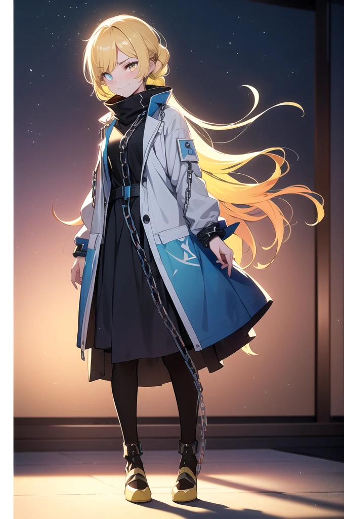 (blonde hair, long hair, sidelocks), (eyes with a mix of yellow and blue irises:1.5), two-tone eyes, multicolored eyes gradient eyes, white and blue jacket with constellation prints, (best quality,4k,8k,highres,masterpiece:1.2), ultra-detailed, portraits, (HDR:1.1), (vivid colors:1.1), (studio lighting), (bokeh), (highly saturated colors), (soft lighting), (detailed background), (subtle shadows), (ethereal glow), (pastel color palette), (delicate details), (sublime beauty), (feminine charm), (crisp focus), (fine brushwork), (impeccable craftsmanship), (emotional depth), (captivating storytelling), (intriguing narrative), (impressive realism), (exceptional artistry), (masterpiece-worthy), (awe-inspiring), blonde hair, very long hair, sidelocks, (eyes with a mix of yellow and blue irises:1.5), (two-tone eyes:1.5), (multicolored irises:1.5), multicolored eyes (gradient eyes:1.5), white and blue jacket with constellation prints, metallic skirt, (smug:1.5), (smirk), naughty face, mischievous, futuristic clothing, science fiction setting, high-tech, glowing eyes, (unicursal hexagram-shaped irises), (full body:1.5), (plasma blade:1.5), (chains:1.5)