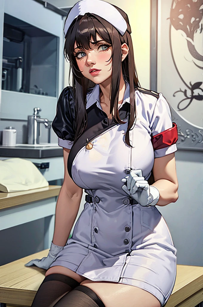 nurse uniform,hospital, latex nurse suit,nurses,busty,elbow gloves,labcoat,dark green hair woman,white eyes , gigantic ,medical instruments,asian nurse,two nurses,speculum,examination room,oversize ,big ass ,strap on, lay on table ,legs spreaded,giving birth,gyno chair , dentist,Milf,latex,green uniform