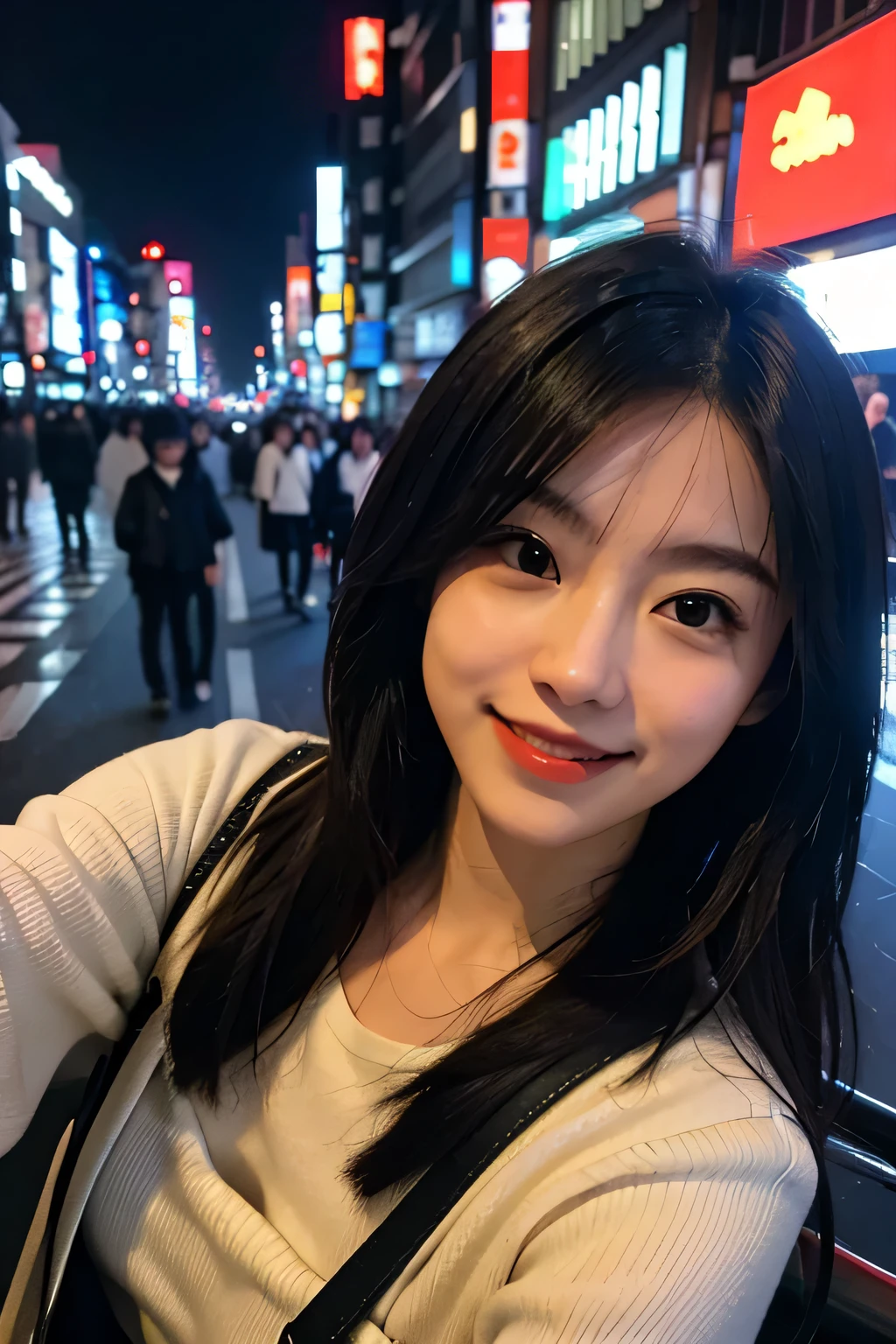 1girl, Tokyo street,night, cityscape,city lights, upper body,close-up, 8k, RAW photo, best quality, masterpiece,realistic, photo-realistic, selfie, smile with visible braces