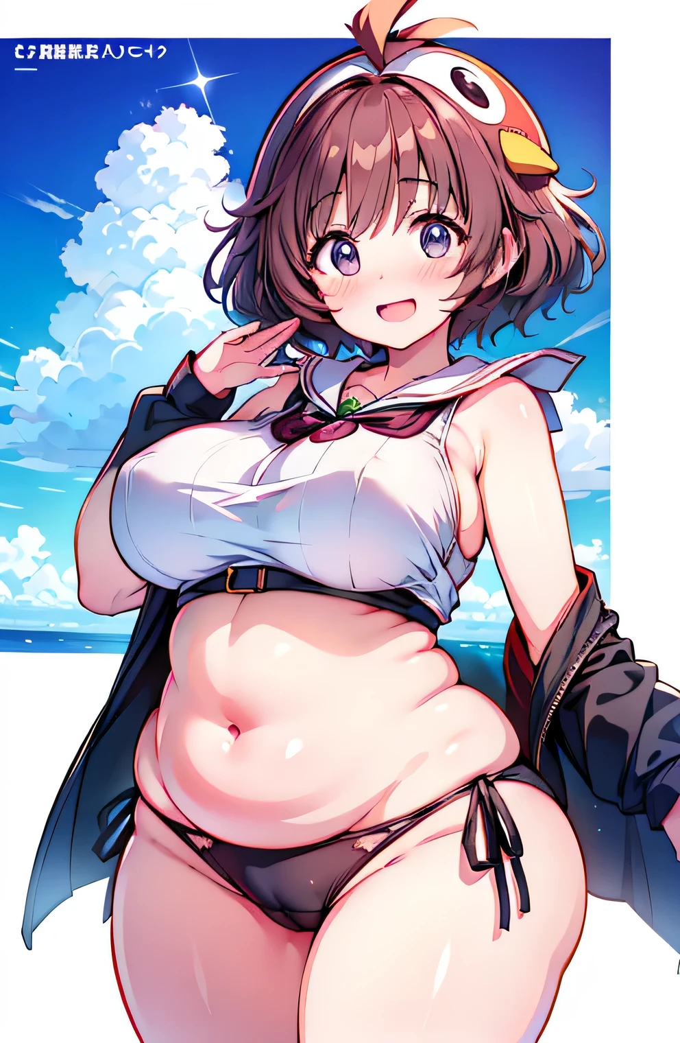 Anime illustration、highest quality、A short and plump idol、Campaign Girl、Wear a penguin costume、iceberg、Perfect proportions、overwhelmingly big breasts、Beautiful, shining eyes、Blushed、smile、Cowboy Shot、Thick legs