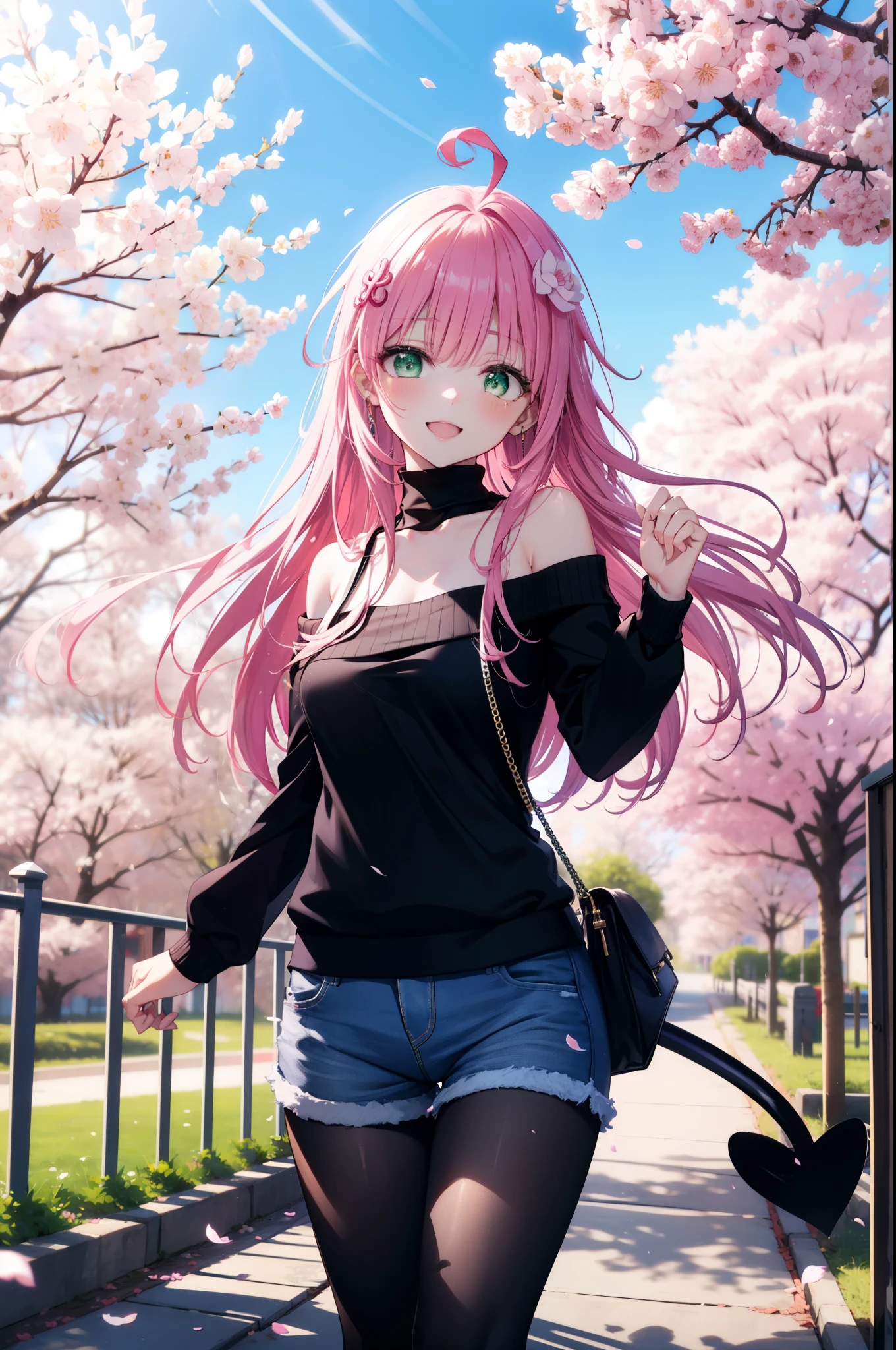 Lara Deviluke, Lara Deviluke, Long Hair, Pink Hair, tail, Ahoge, bangs, hair ornaments, (Green Eyes:1.5), happy smile, smile, Open your mouth,demon tail,Off-the-shoulder sweater,Exposing shoulders,bare clavicle,Bare neck,Shorts,Black Pantyhose,short boots,Cherry blossoms are blooming,Cherry blossoms are scattered,Cherry blossom tree-lined path,Daytime,Clear skies,
break outdoors, city,ビル街
break looking at viewer, (Cowboy Shot:1. 5)
break (masterpiece:1.2), highest quality, High resolution, unity 8k w全てpaper, (shape:0.8), (beautiful detailed eyes:1.6), extremely detailed face, Perfect lighting, extremely detailed CG, (Perfect hands, Perfect Anatomy),