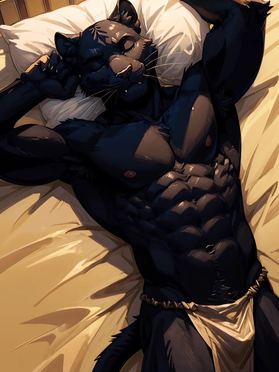 animal、The whole body of an abnormally thin black panther、Wild male black panther、A body with very little abdominal muscle、Sleeping Black Panther、Very thin body、Hairless head、Golden anime eyes、Very long silvery pubic hair、A very large amount of long, silvery armpit hair、tongue、Sharp Fangs、Black Panther Tail、Black Panther Claws、Sharp Claws、A composition that captures the whole body、Sleeping pose on the bed、Sheets background、Situation where you are sleeping in bed、Brown loincloth、A scene seen from directly above